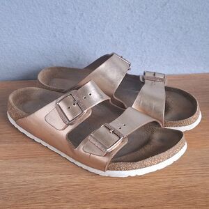 Birkenstock Arizona Women 10 Gold White Narrow Two Strap Slide Sandals EU 41